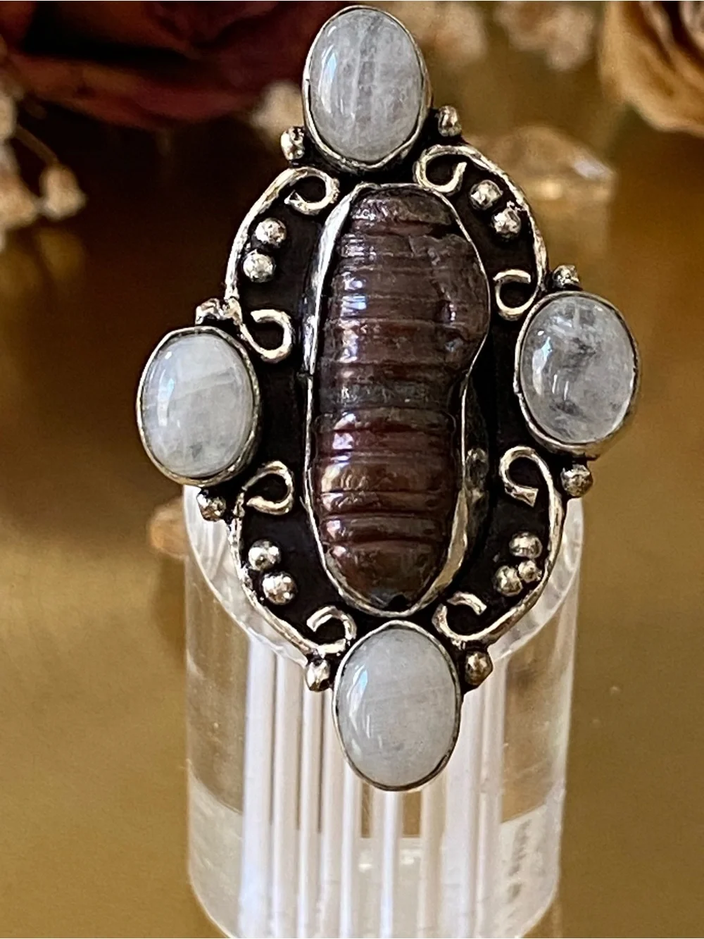 Moonstone And Biwa Pearl Ring Size 8.5